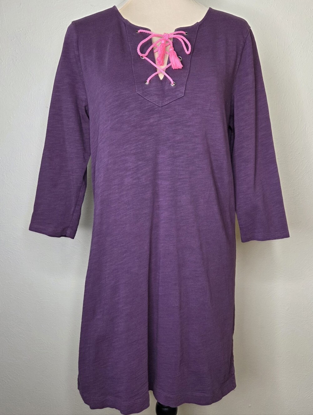 Boden Purple Cotton Lace Up Tassel Tunic Dress Pink Contrast Trim 3/4 Sleeve 8